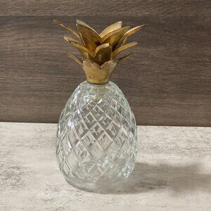 Vintage Pineapple Tape Candle Holder Brass Leaves Clear Cut Crystal Base 6.5"